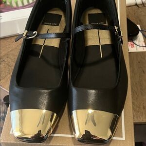 Dolce Vita Black Leather Mary Jane Flats with Gold Toe Cap